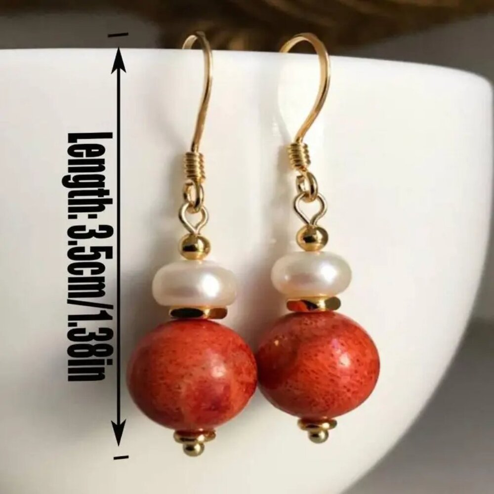 NEW red coral and freshwater pearl dangle earrings - Picture 2 of 4